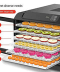 Straight Up Awesome Electric Food Dehydrator With Adjustable Trays Digital Timer Temperature Control For Juicy Fruits Savory Beef Jerky And Crispy Mushrooms showing 6-tier trays filled with colorful fruit slices.