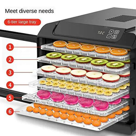Straight Up Awesome Electric Food Dehydrator With Adjustable Trays Digital Timer Temperature Control For Juicy Fruits Savory Beef Jerky And Crispy Mushrooms showing 6-tier trays filled with colorful fruit slices.