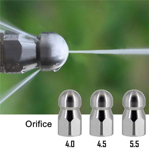 Pressure Washer Sewer Jetter Kit Pro Grade With 100 Ft Drain Cleaning Hose One Quarter Inch NPT Button Nose Rotating Sewer Jetting Nozzle Orifices 4.0 4.5 5.5 5800 PSI Ideal For Tough Clogs And Fast Drain Flow