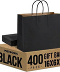 400 Pack Black Paper Gift Bags 16x6x12 Inches With Handles Made From Recycled Kraft Paper Eco Friendly Bulk Bags on box
