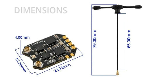 RadioMaster RP4TD ELRS Diversity FPV Receiver 2.4GHz ExpressLRS Nano RX Module with 65mm UFL Antenna dimensions view