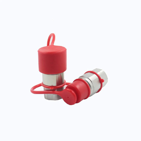 Set of two 1/2-in skid-steer flat-face hydraulic quick-disconnect couplings with red dust caps and metal bodies