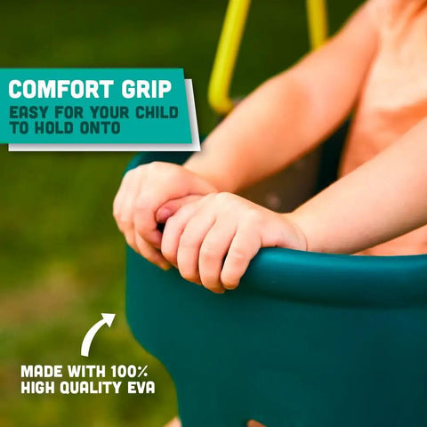 Child gripping High Back Full Bucket Toddler Swing Seat With Finger Grip And No Pinch Plastic Coated Chains in Bright Green outdoor