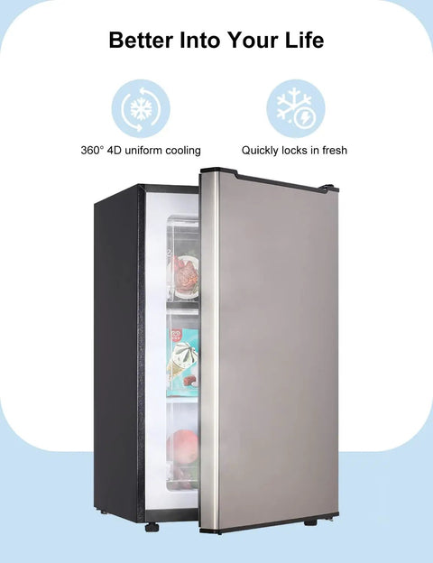 Slick 3.2 Cu Ft Upright Mini Freezer In Silver With No Fuss Design And Rapid Cool Down For Apartments Rv Trailers And Home Bars open showing food inside.