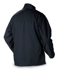 Back view of Navy Welding Jacket Cotton Nylon 88 Percent Cotton 12 Percent Nylon Size Large With Snap Button Cuffs Fold In Snaps