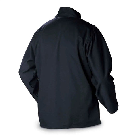 Back view of Navy Welding Jacket Cotton Nylon 88 Percent Cotton 12 Percent Nylon Size Large With Snap Button Cuffs Fold In Snaps