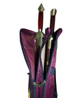 Waterproof Kung Fu Tai Chi Sword Case with double layer design, open showing swords inside, made of rugged Oxford fabric and PU leather trim.