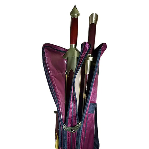 Waterproof Kung Fu Tai Chi Sword Case with double layer design, open showing swords inside, made of rugged Oxford fabric and PU leather trim.