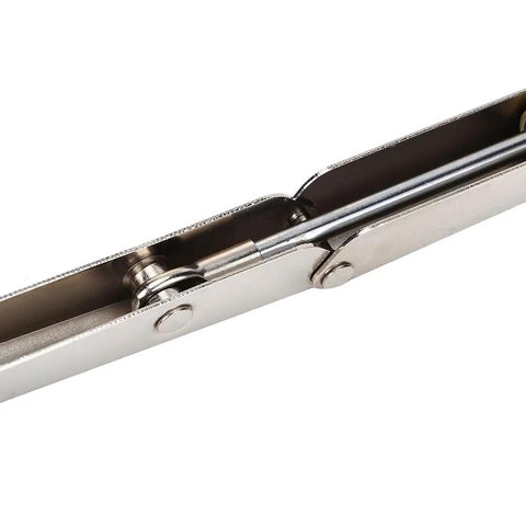 Close-up of pneumatic rod mechanism on Beefy Heavy Duty Folding Shelf Bracket Stainless Steel Space Saving Drop Leaf Support 12.6 Inch