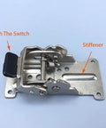 Silver self-locking folding hinge for tables and cabinets showing switch and stiffener, made of heavy-duty 2.5 mm cold-rolled steel.