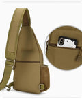 Versatile Sling Bag Crossbody Backpack For Men Lightweight 20L Daypack side view with phone in zip pocket and padded strap