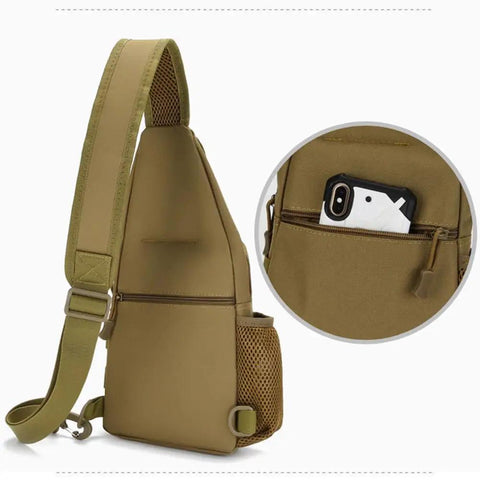 Versatile Sling Bag Crossbody Backpack For Men Lightweight 20L Daypack side view with phone in zip pocket and padded strap