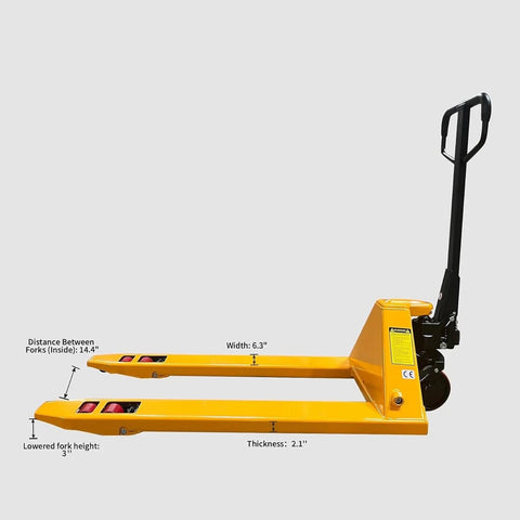 Side view of Beefy Heavy Duty Manual Pallet Jack With 7700 Lb Capacity And 48 Inch Long By 27 Inch Wide Forks Ergonomic Handle