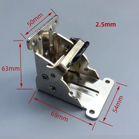 Four Pack Of No Wiggle Self Locking Folding Hinges For Coffee Tables And Chair Legs Lock Tight Pivot Design Sure Grip Heavy Duty Silver Metal Furniture Hardware Kit close-up view with measurements.