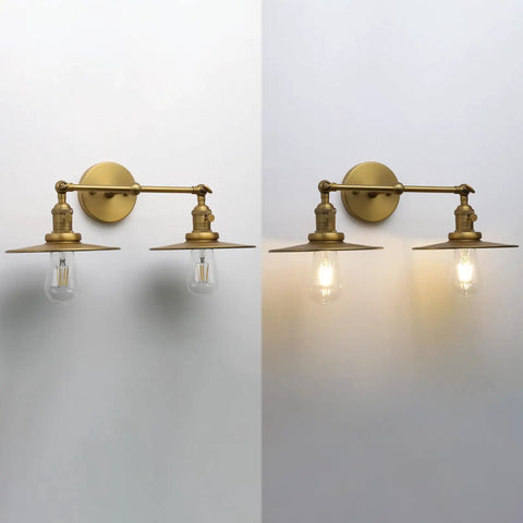 Two Light Wall Sconce With Antique Finish Bathroom Vanity Light Switch Included And Dual 7.87 Inch Flat Metal Lampshades, unlit and lit
