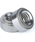 M3 Self Clinching Nuts Built Tough With Knurled Flange Lock Heavy Duty Press In Fasteners Vibration Proof Rack Server And Industrial Hardware 50 Piece Set, close-up view of two silver, knurled flange nuts.