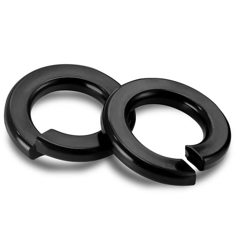 Three Eighths Inch Split Lock Washers Set Of 50, 304 Stainless Steel Spring Lock Washers With Black Oxide Finish, close-up view.