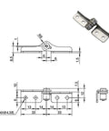 Stainless steel damping hinge with adjustable torque; front and side views with mounting holes.