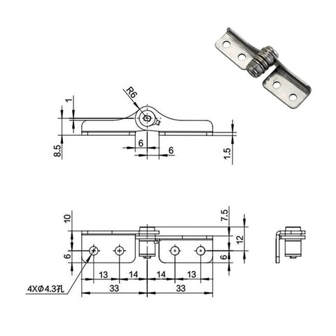 Stainless steel damping hinge with adjustable torque; front and side views with mounting holes.