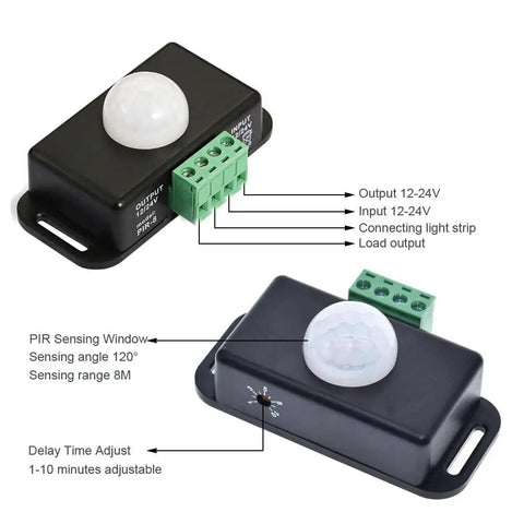 12V 24V PIR Motion Sensor LED Light Switch With 5 To 8 Meter Detection Range, Auto On Off Lighting Switch For Hallways And Rooms, Adjustable Delay Timer, Energy Saving, Easy Install, Ideal For Home And Office, black plastic