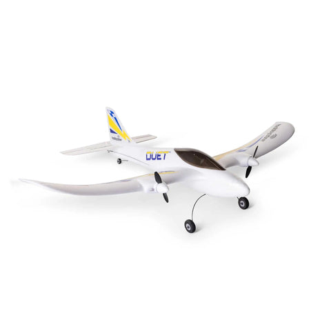 RC Airplane Duet S 2 Ready To Fly Starter Kit With Everything Included, white with blue accents, front side view.