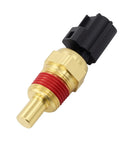 Engine coolant temperature sensor with brass threaded body, red seal, and black electrical connector (angled view).