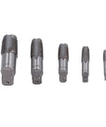 5 Piece NPT Pipe Tap Set In Carbon Steel With Accuracy Ground Threads And Square Shank For Plumbing And Automotive Threading Includes 3/4 1/2 3/8 1/4 And 1/8 Inch Beefy Heavy Duty Tool For Quick Repairs And Long Life showing five carbon steel pipe taps