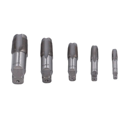 5 Piece NPT Pipe Tap Set In Carbon Steel With Accuracy Ground Threads And Square Shank For Plumbing And Automotive Threading Includes 3/4 1/2 3/8 1/4 And 1/8 Inch Beefy Heavy Duty Tool For Quick Repairs And Long Life showing five carbon steel pipe taps