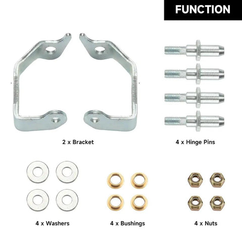 Beefed Up Front Door Hinge Pin Bushing Kit For GMC Sierra Trucks 1999 To 2006 Fits 1500 2500 3500 Series And HD Models, Replaces Worn Pins And Bushings, Easy Install, Durable Replacement Hardware. 2 brackets, 4 hinge pins, washers, bushings, and nuts