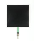 Front view of FSR502 pressure sensor: black square sensing area, white border, green flex PCB with two pins