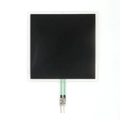 Front view of FSR502 pressure sensor: black square sensing area, white border, green flex PCB with two pins