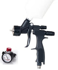 Pro Setup 1.3Mm Pneumatic Spray Gun For Rolling Out Dope Automotive Topcoats And Heavy Duty Furniture Varnish With A Slick Water Based Green Primer Finish close-up with regulator.