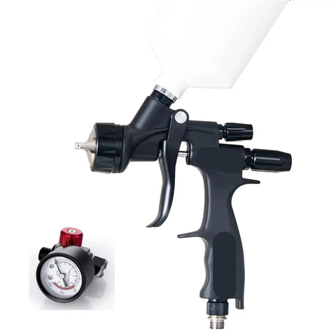Pro Setup 1.3Mm Pneumatic Spray Gun For Rolling Out Dope Automotive Topcoats And Heavy Duty Furniture Varnish With A Slick Water Based Green Primer Finish close-up with regulator.