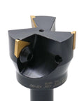 Indexable end mill with three Tpg32 carbide inserts, 2'' diameter, 3/4'' straight shank.