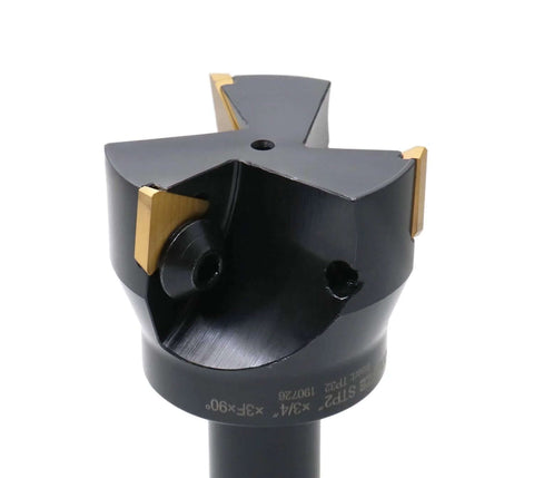 Indexable end mill with three Tpg32 carbide inserts, 2'' diameter, 3/4'' straight shank.