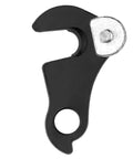 Black metal rear derailleur hanger plate for Shimano and SRAM with nut and bolt adapter, replacement for mountain bikes and road bicycles.