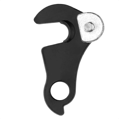 Black metal rear derailleur hanger plate for Shimano and SRAM with nut and bolt adapter, replacement for mountain bikes and road bicycles.