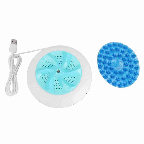 Portable USB Mini Washing Machine With Turbo Hydro And Ultrasonic Vibes, includes blue silicone mat, compact design.