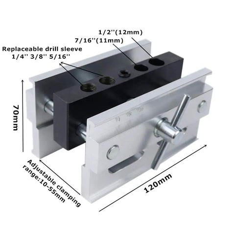 Wide Capacity Self Centering Doweling Jig for Woodworking, Heavy Duty Drill Guide with aluminum frame and bushings, side view