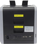 Back view of Heavy Duty Money Counter Machine Processes Swift Cash Bills with ports and warning labels.