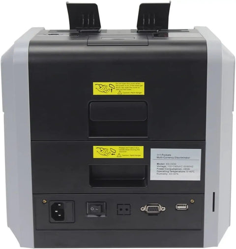 Back view of Heavy Duty Money Counter Machine Processes Swift Cash Bills with ports and warning labels.