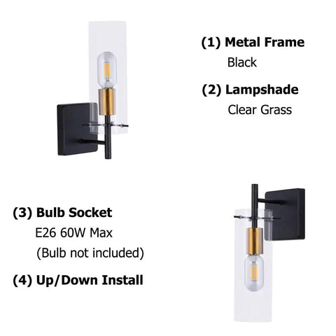 Black Gold Wall Sconces Set Of Two With Clear Glass Shades Modern Metal Vanity Lights for Bathroom Bedroom Hallway Living Room