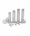 Heavy Duty Stainless Steel Flat Head Dowel Pins With Slick Cylindrical Pilot Rolls And Reinforced Shaft Circlips for tight axis setup, various sizes.