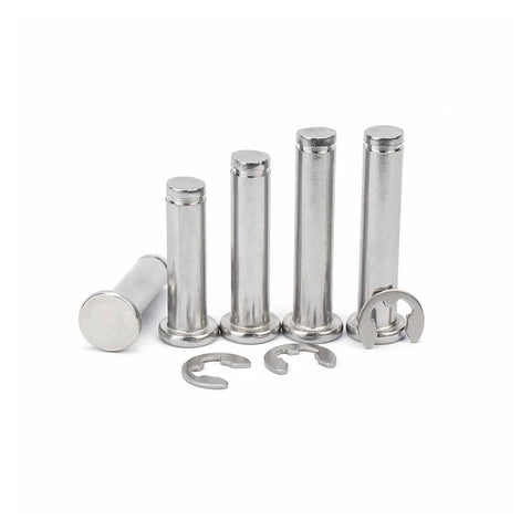 Heavy Duty Stainless Steel Flat Head Dowel Pins With Slick Cylindrical Pilot Rolls And Reinforced Shaft Circlips for tight axis setup, various sizes.
