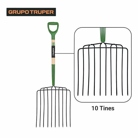 Ensilage Fork For Farm Use, Heavy Duty Manure And Bedding Fork With 10 Tines, 30 Inch Wood Handle And Poly D Handle Grip, TruTough Series