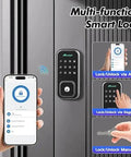 Top Tier Smart Keyless Entry Door Lock With Digital Keypad And Built In WiFi Deadbolt Features Voice App Control Plus Quick Snap Install And Ridiculously Long Battery Life on door with app interface.