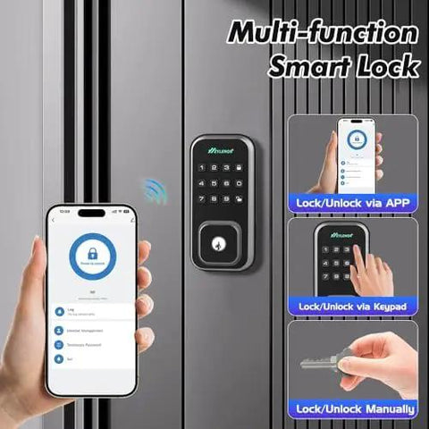 Top Tier Smart Keyless Entry Door Lock With Digital Keypad And Built In WiFi Deadbolt Features Voice App Control Plus Quick Snap Install And Ridiculously Long Battery Life on door with app interface.