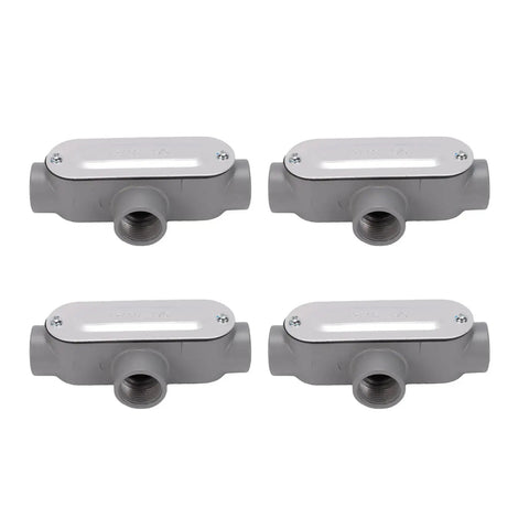 Heavy Duty T Type Conduit Body Three Quarter Inch Die Cast Aluminum Threaded Electrical Fitting with removable cover in gray.