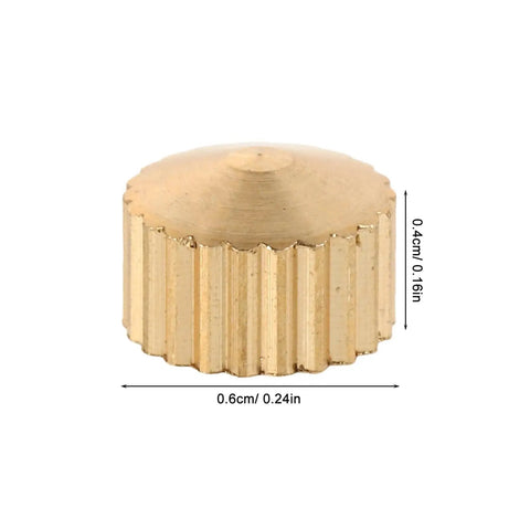 Golden metal nut from 20 Piece Clock Nut Set For Repair And DIY Projects, dimensions 0.6x0.4 cm, with ribbed edge detail.