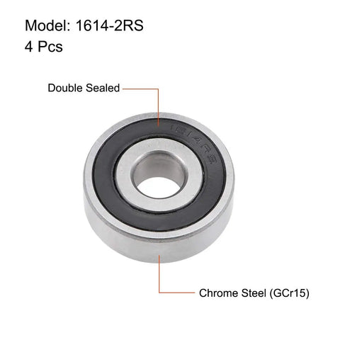 Deep Groove Ball Bearing 1614-2RS 4 Pack Sealed On Both Sides Three Eighths Inch Inner Diameter One And One Eighth Inch Outer Diameter Three Eighths Inch Width ABEC 1 Tolerance Z2 Noise Level Chrome Steel Bearings, double sealed